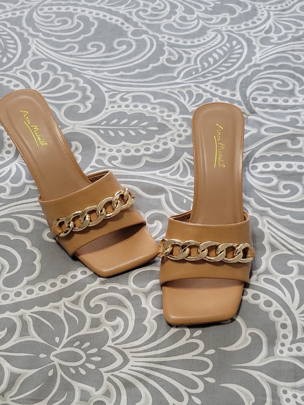 Anne Michelle Tan Slide Mules with Rose Gold Chain Accent 7.5